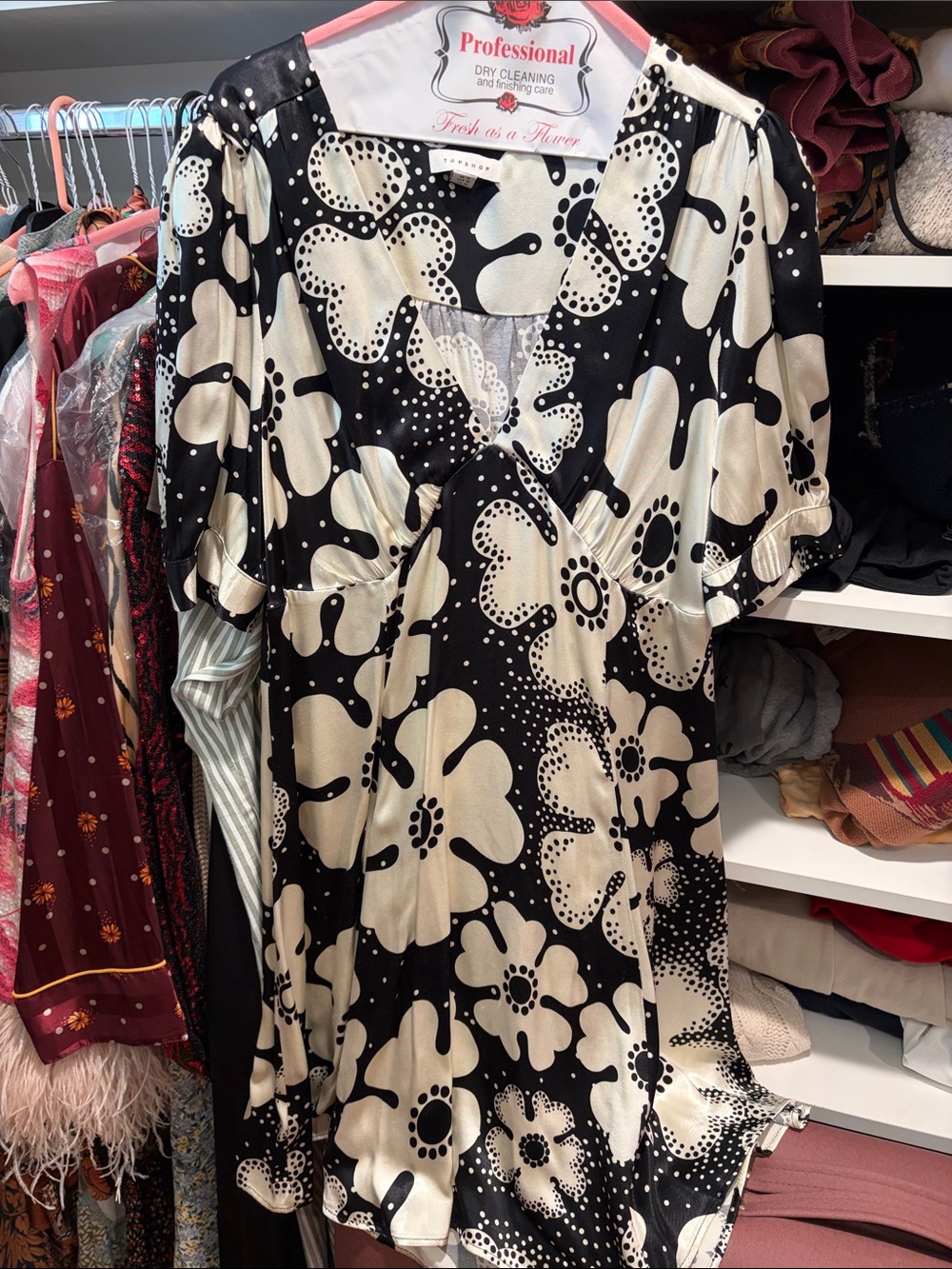 Topshop Black and Cream Floral Midi Dress